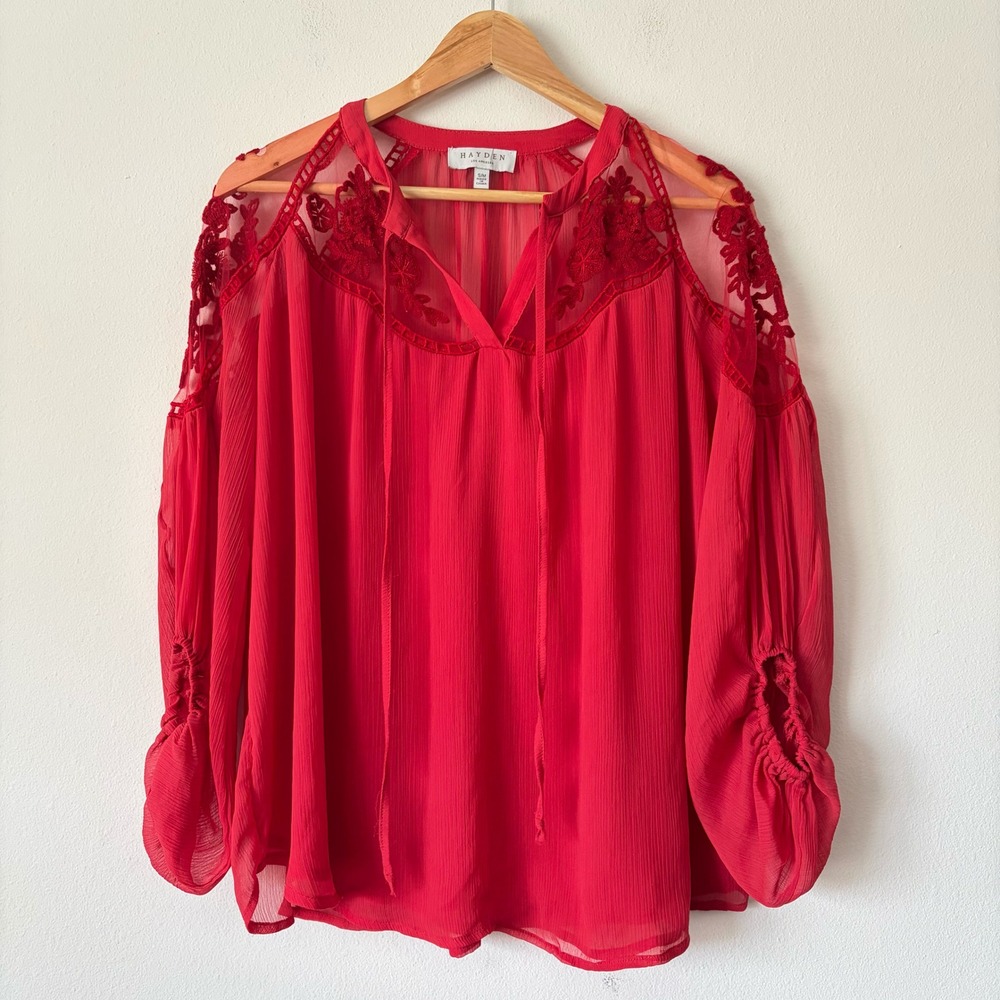 Hayden Los Angeles Sheer Red Lace Mesh‎ Chiffon Boho Blouse S/M Flowy Sleeves